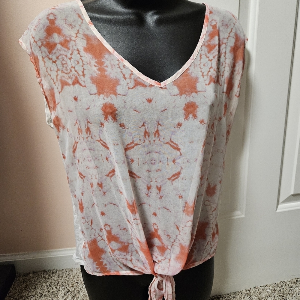 Daytrip Tie Front Sheer Blouse with V-Neck and Tie-Dye Design